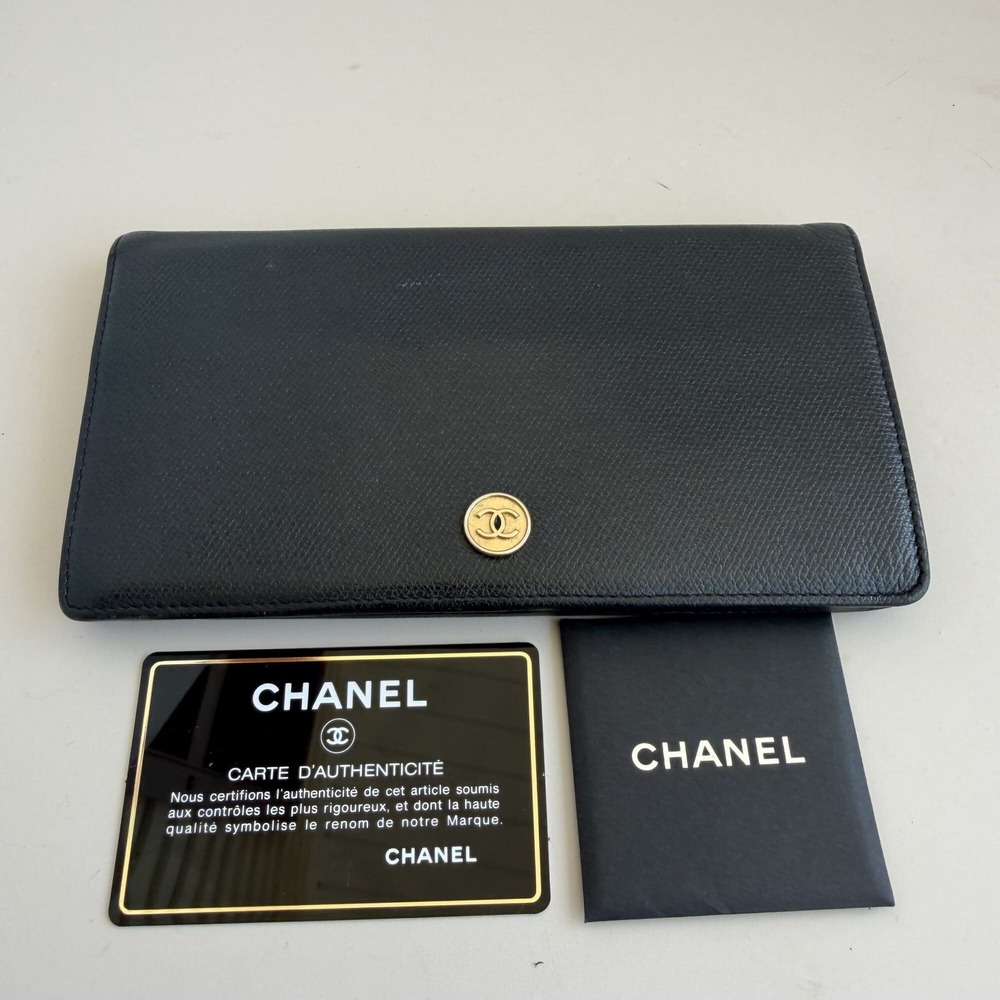 Chanel Vintage Black Caviar Leather Coco Button Long Bifold Wallet